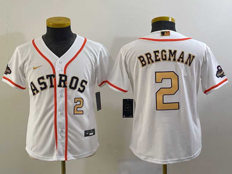 Youth Houston Astros #2 Alex Bregman Number 2023 White Gold World Serise Champions Patch Cool Base Stitched Jerseys->mlb youth jerseys->MLB Jersey